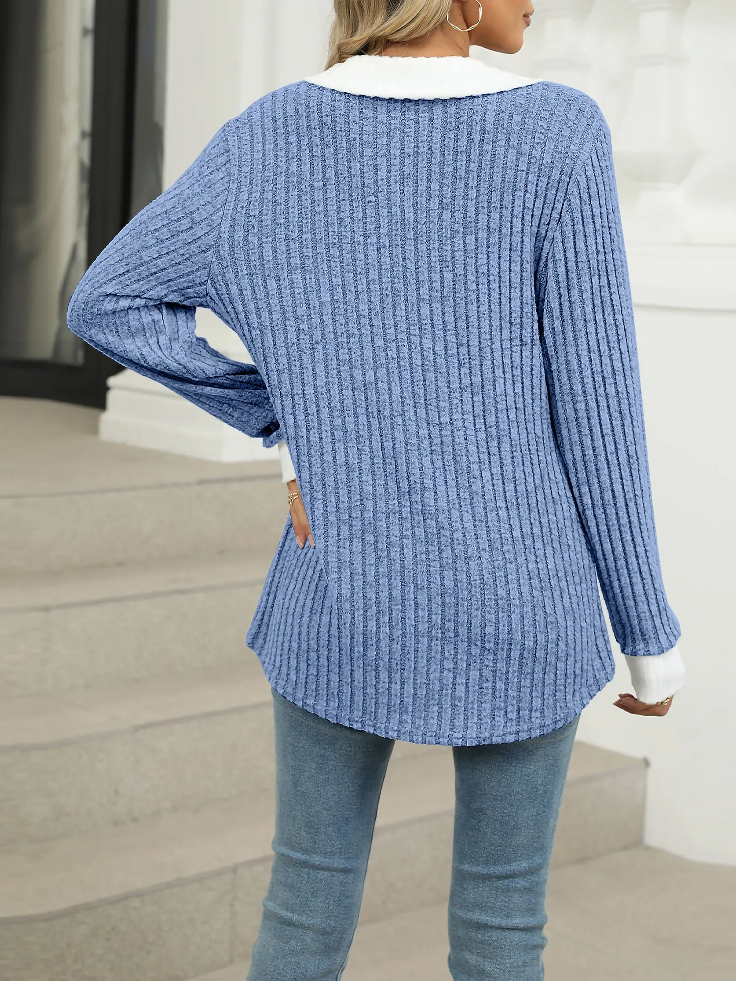 Colorblock Lapel Collar Long Sleeve Loose Blouse Top
