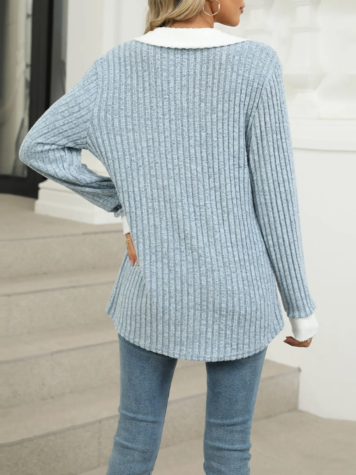 Colorblock Lapel Collar Long Sleeve Loose Blouse Top