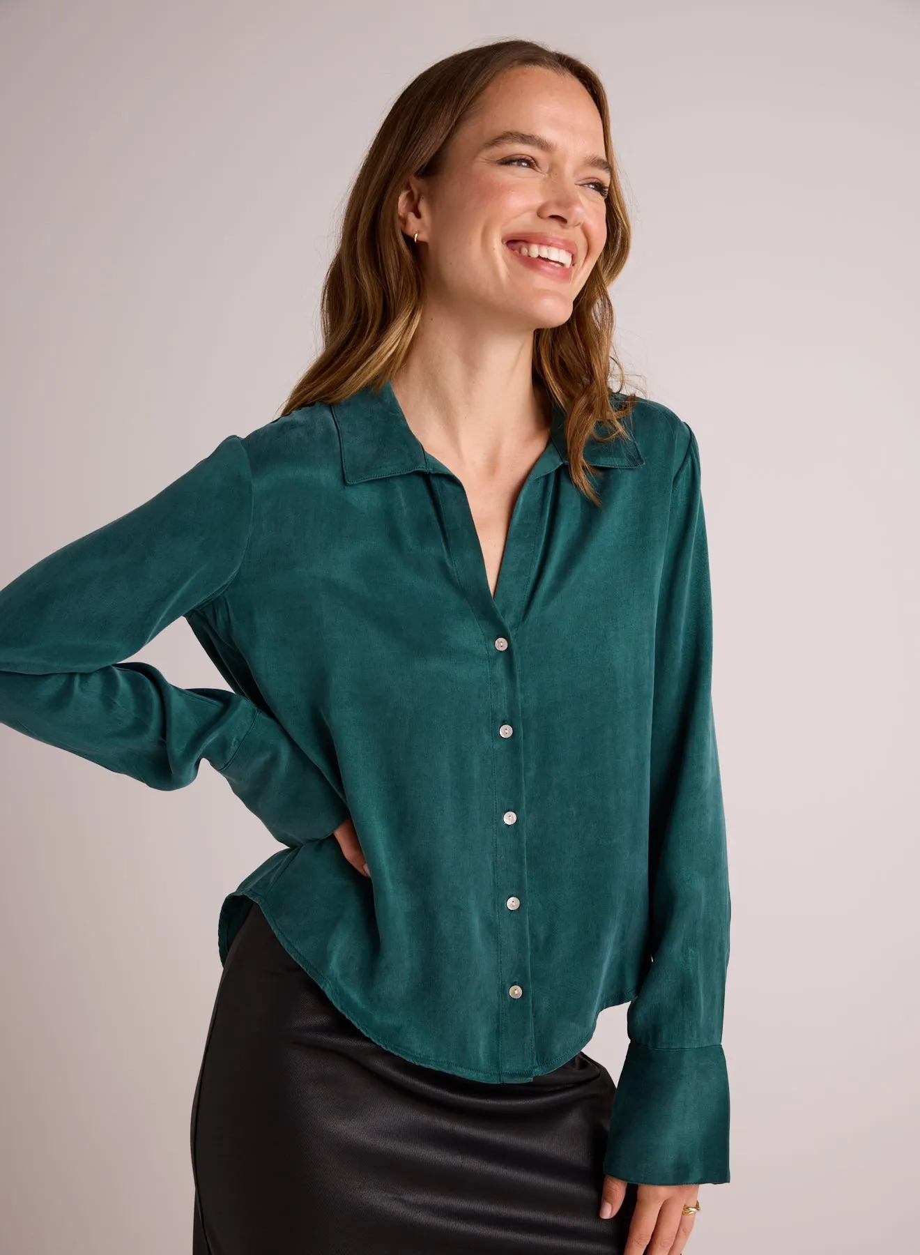 Flowy Wide Collar Button Down - Hunter Pine