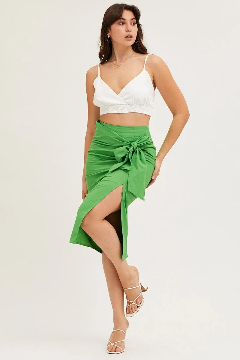 Green Front Tie Midi Skirt