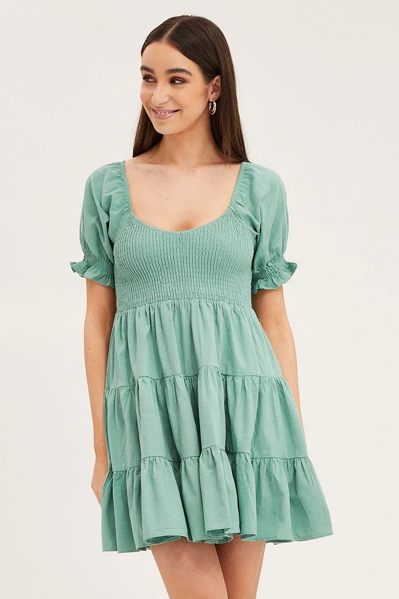 Green Puff Sleeve Shirred Tiered Skater Dress