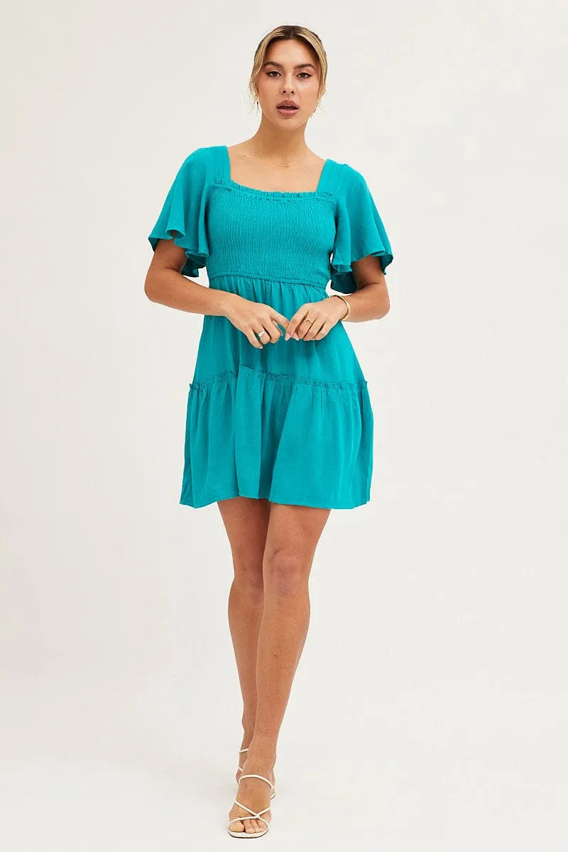 Green Shirred Bust Skater Dress