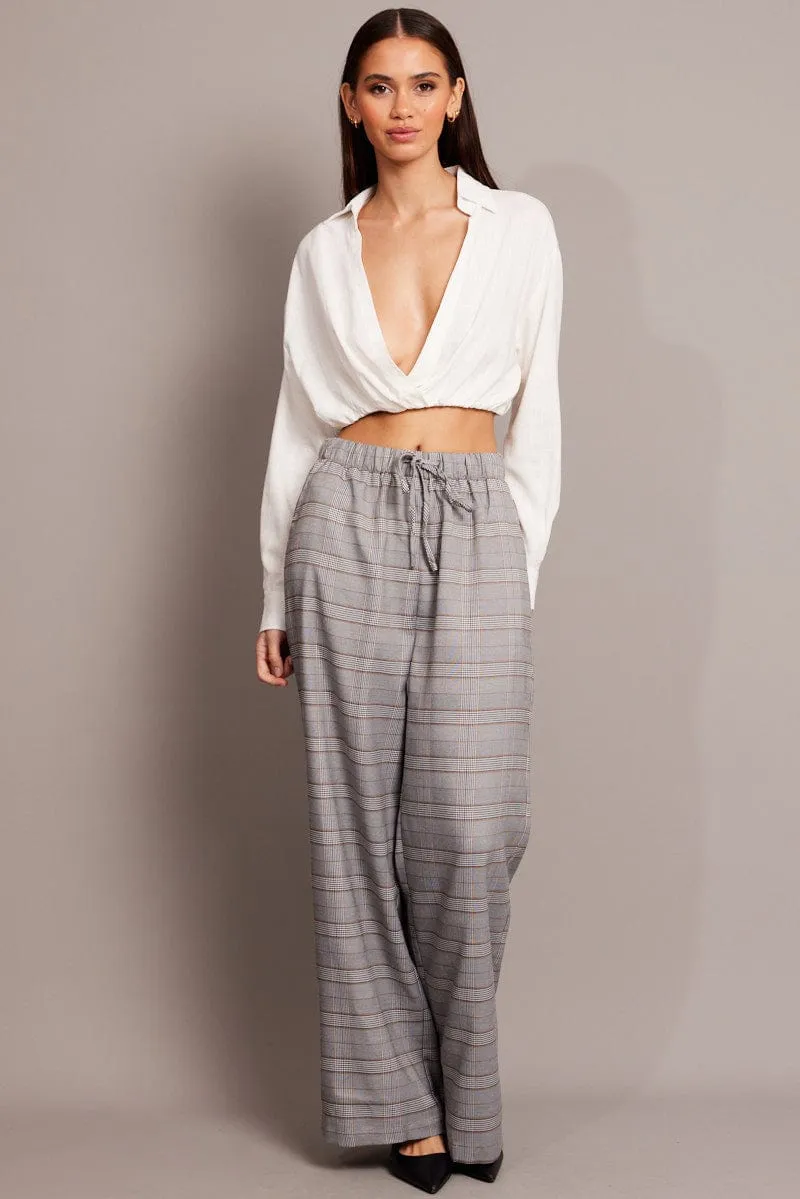 Grey Check Wide Leg Pants Elastic Waist