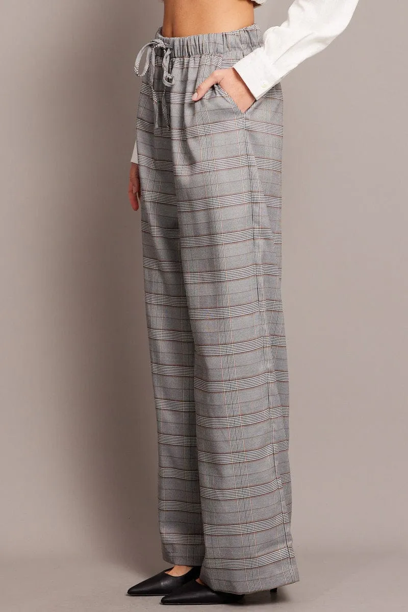 Grey Check Wide Leg Pants Elastic Waist