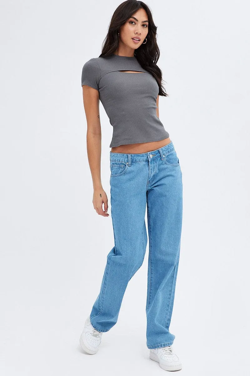 Grey Cut Out Top Short Sleeve Mock Neck Rib