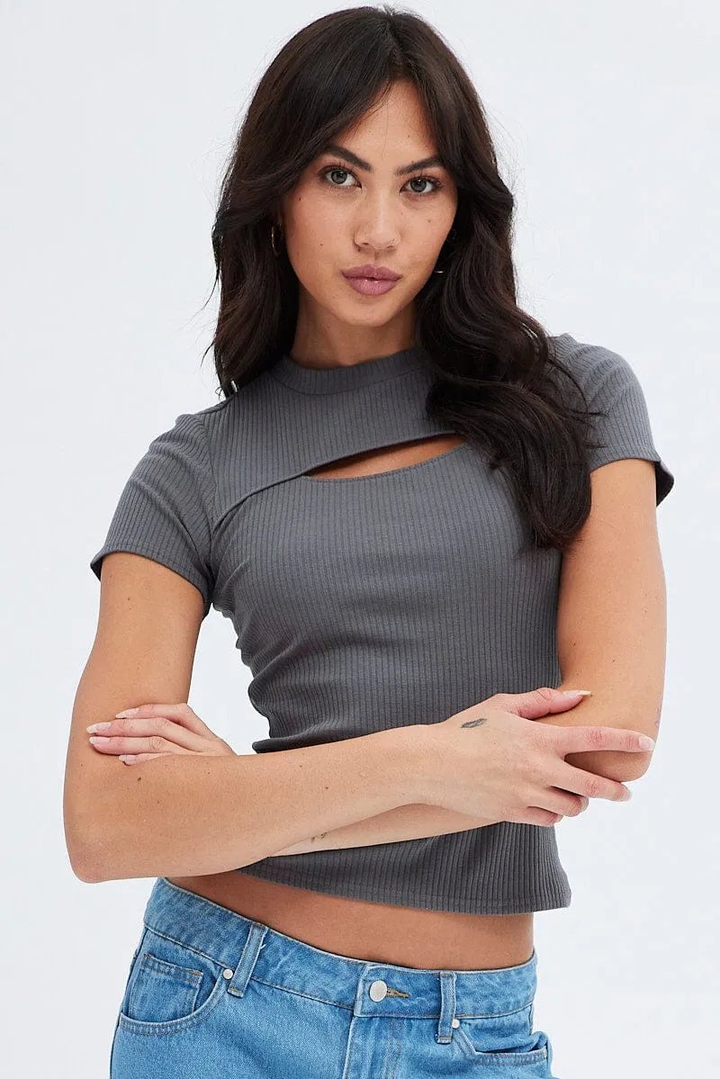 Grey Cut Out Top Short Sleeve Mock Neck Rib