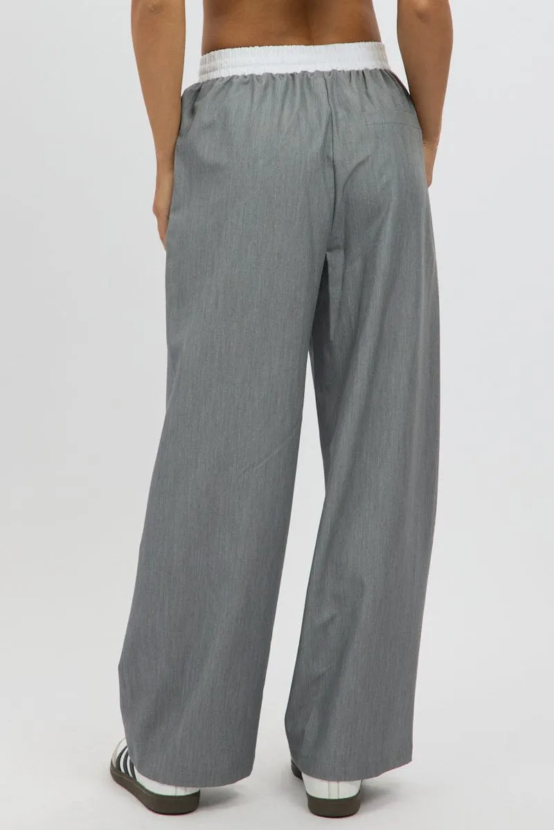 Grey Wide Leg Pants Elasticated Contrast Waist