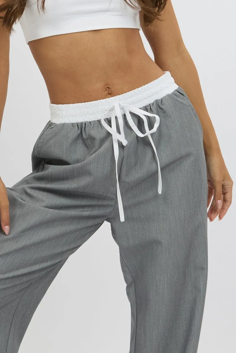 Grey Wide Leg Pants Elasticated Contrast Waist