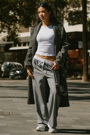 Grey Wide Leg Pants Elasticated Contrast Waist