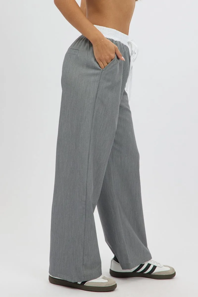 Grey Wide Leg Pants Elasticated Contrast Waist