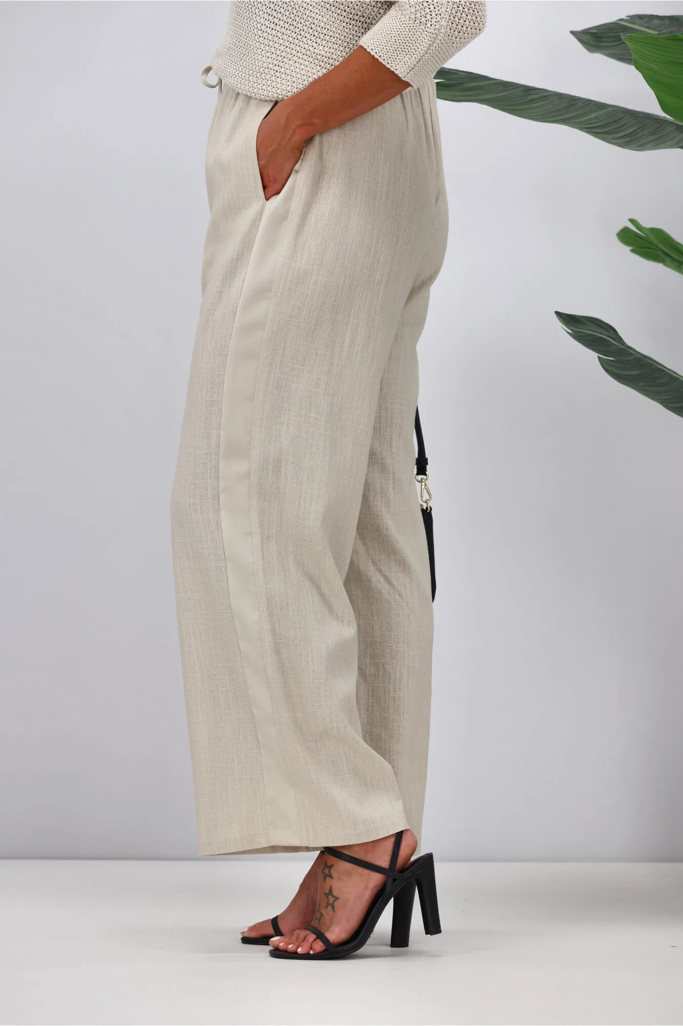 Jane James Renee Linen Look Pant With Satin Stripe Stone