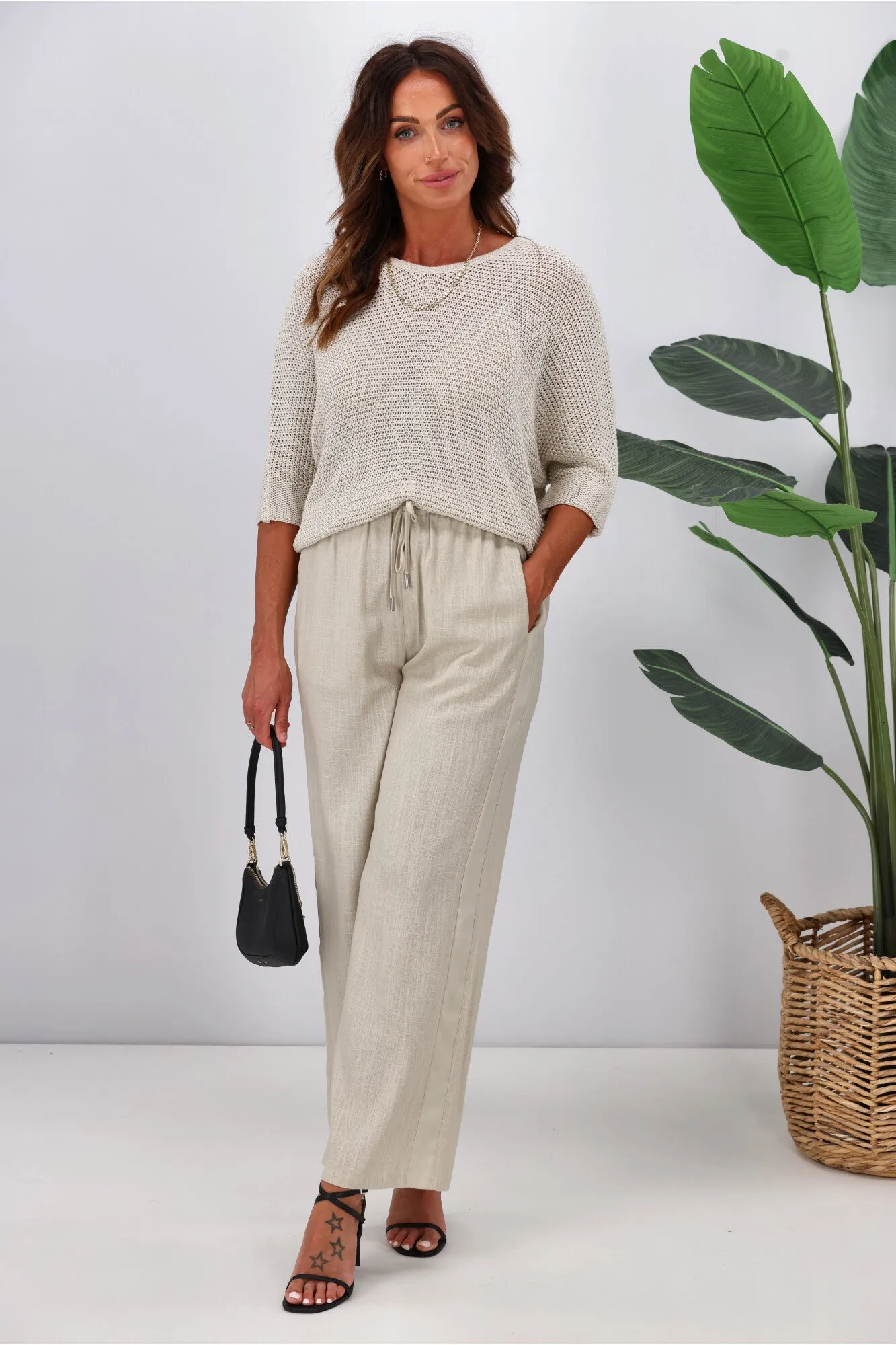 Jane James Renee Linen Look Pant With Satin Stripe Stone