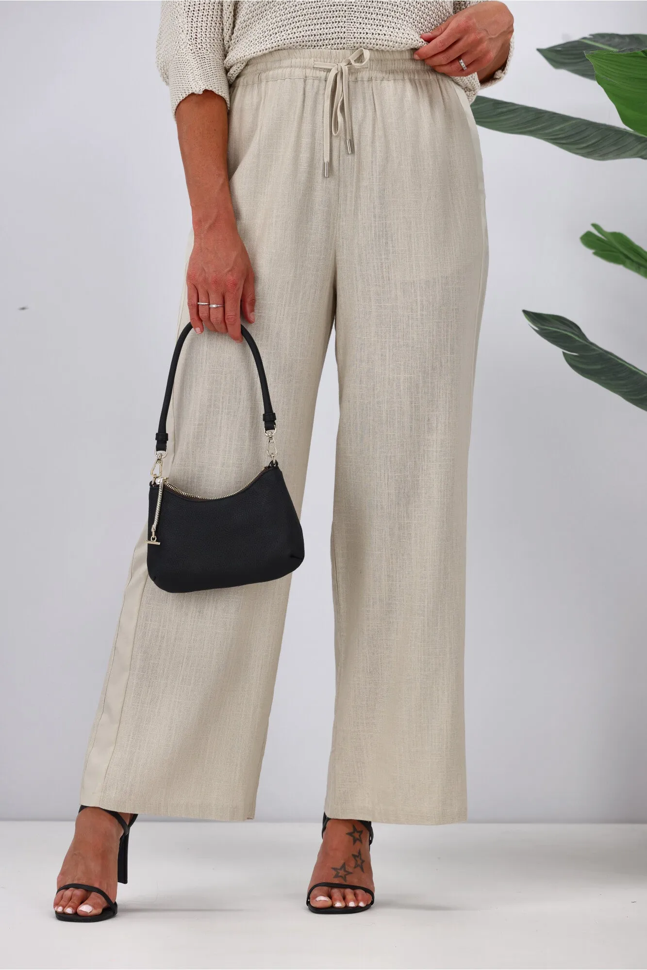 Jane James Renee Linen Look Pant With Satin Stripe Stone
