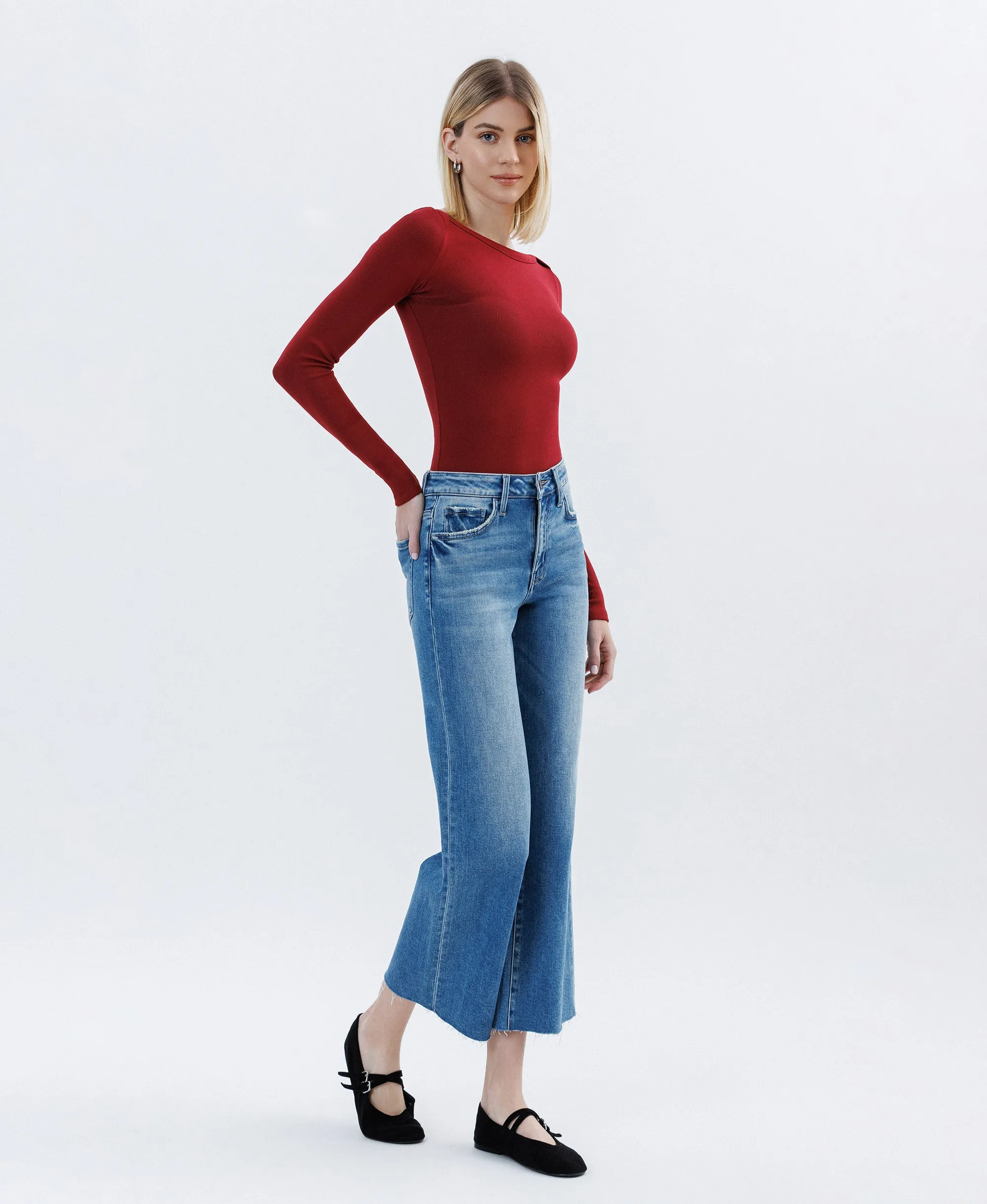 Jubilation - High Rise Raw Hem Crop Slim Wide Leg Jeans