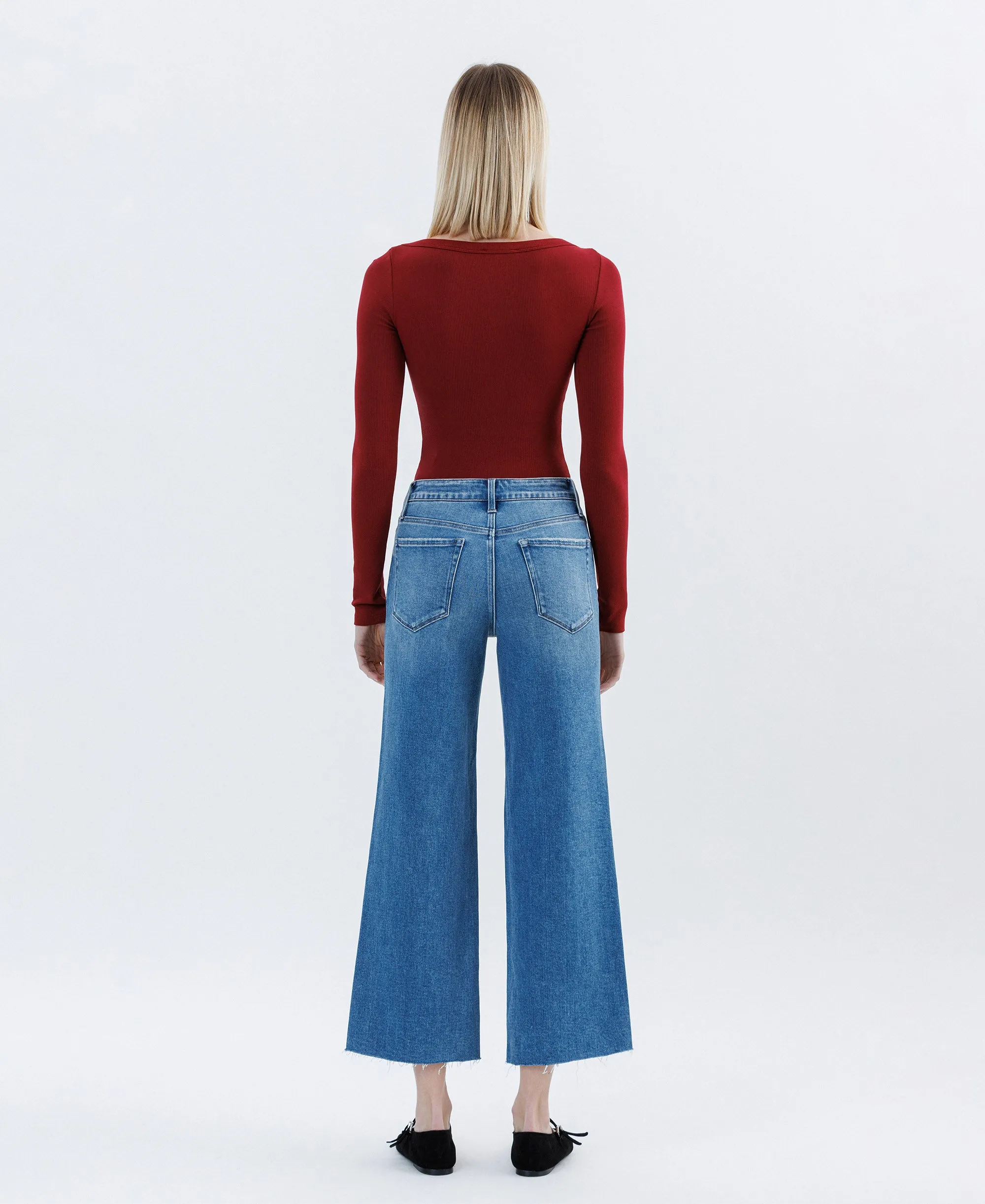 Jubilation - High Rise Raw Hem Crop Slim Wide Leg Jeans