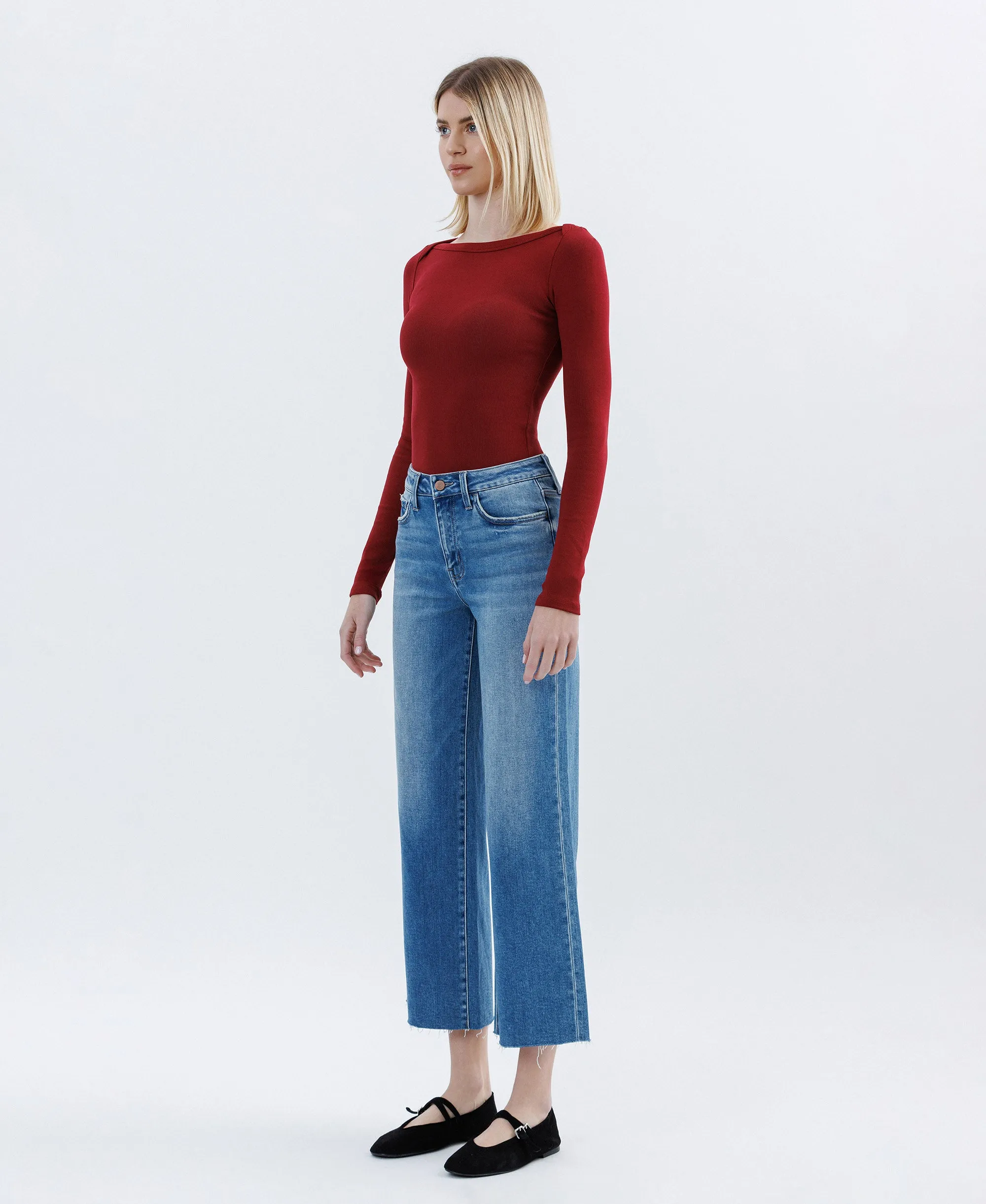 Jubilation - High Rise Raw Hem Crop Slim Wide Leg Jeans