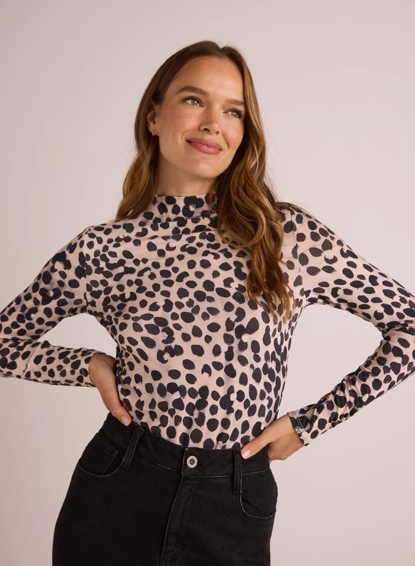Long Sleeve Mock Neck Top - Winter Spots Print