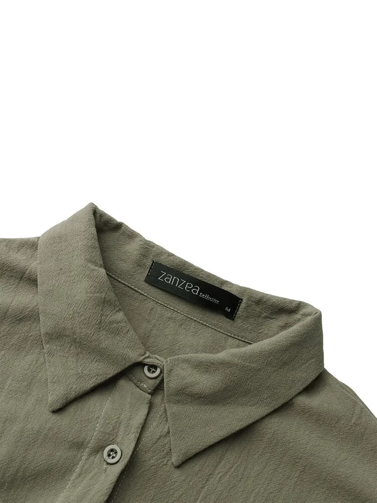 Loose Casual Long Sleeve V-neck Button Pocket Shirt Women Midi Dress