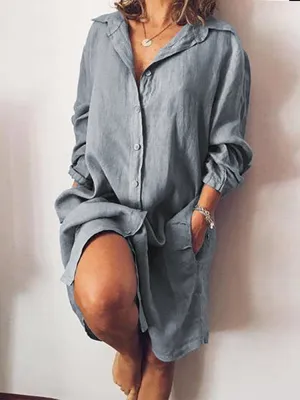 Loose Casual Long Sleeve V-neck Button Pocket Shirt Women Midi Dress