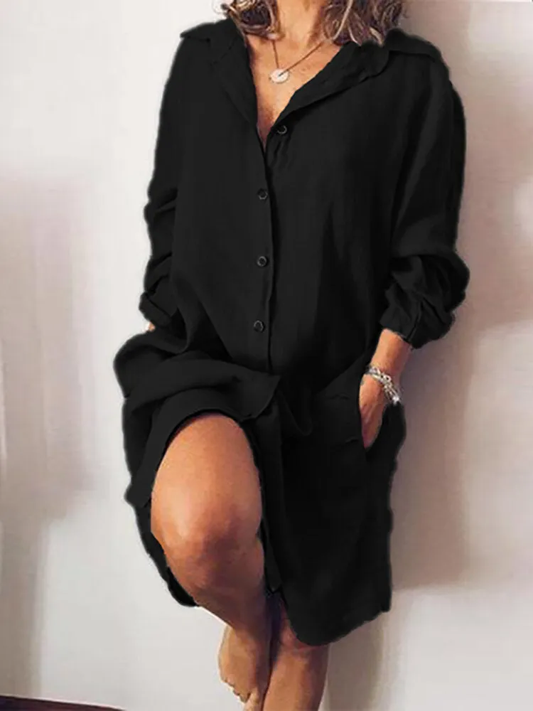 Loose Casual Long Sleeve V-neck Button Pocket Shirt Women Midi Dress