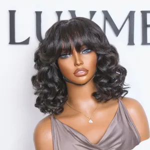 Mature Lady Short Loose Wave Minimalist Lace Shoulder Length Wavy Bob Wig with Bangs