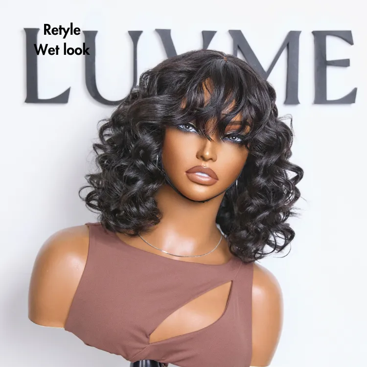 Mature Lady Short Loose Wave Minimalist Lace Shoulder Length Wavy Bob Wig with Bangs