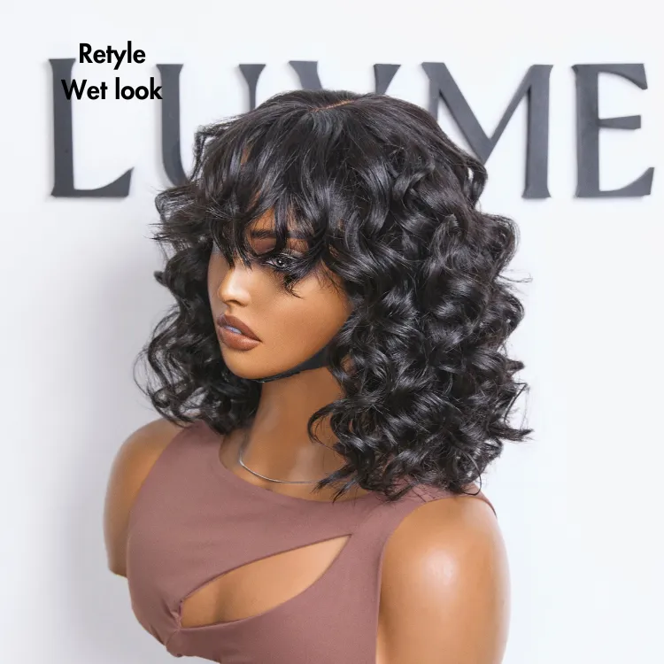 Mature Lady Short Loose Wave Minimalist Lace Shoulder Length Wavy Bob Wig with Bangs