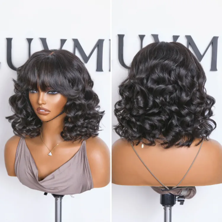 Mature Lady Short Loose Wave Minimalist Lace Shoulder Length Wavy Bob Wig with Bangs