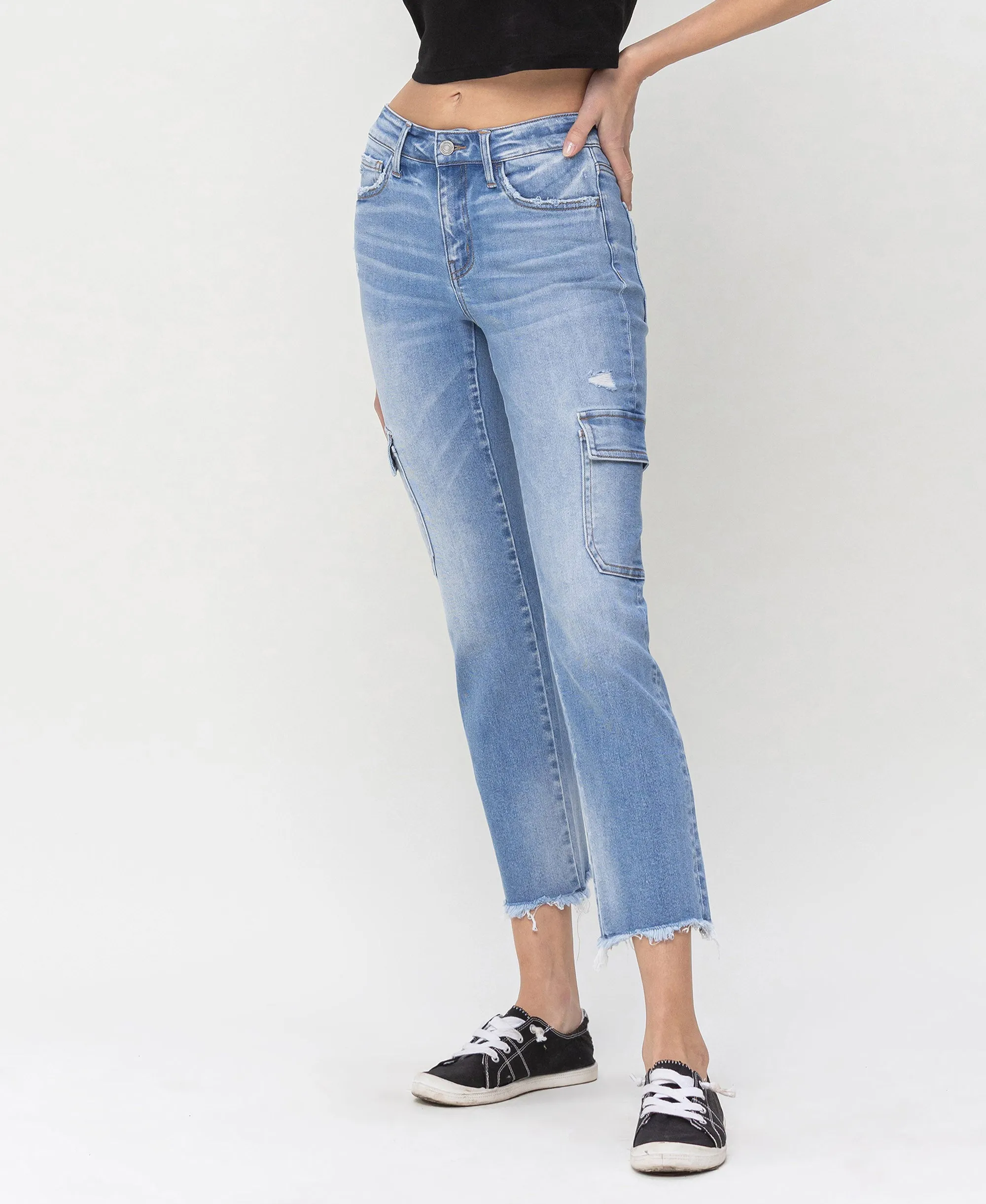 Mightly - Mid Rise Slim Crop Straight Cargo Jeans