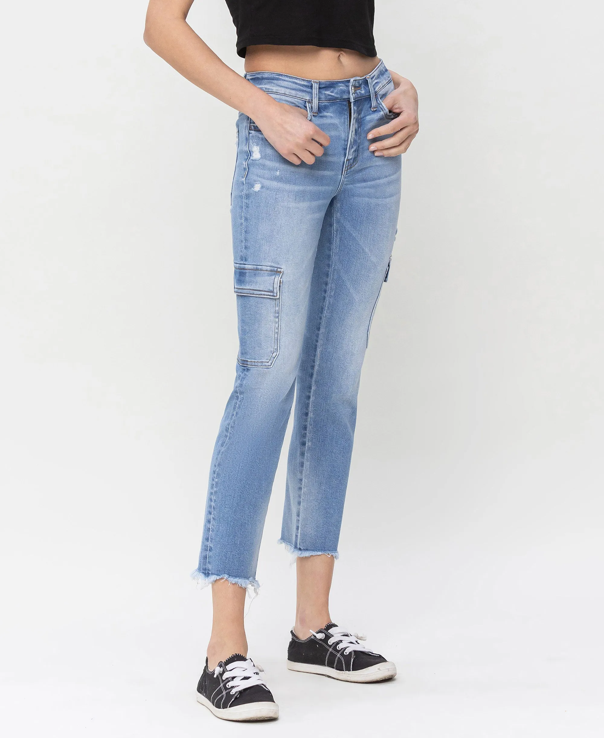 Mightly - Mid Rise Slim Crop Straight Cargo Jeans
