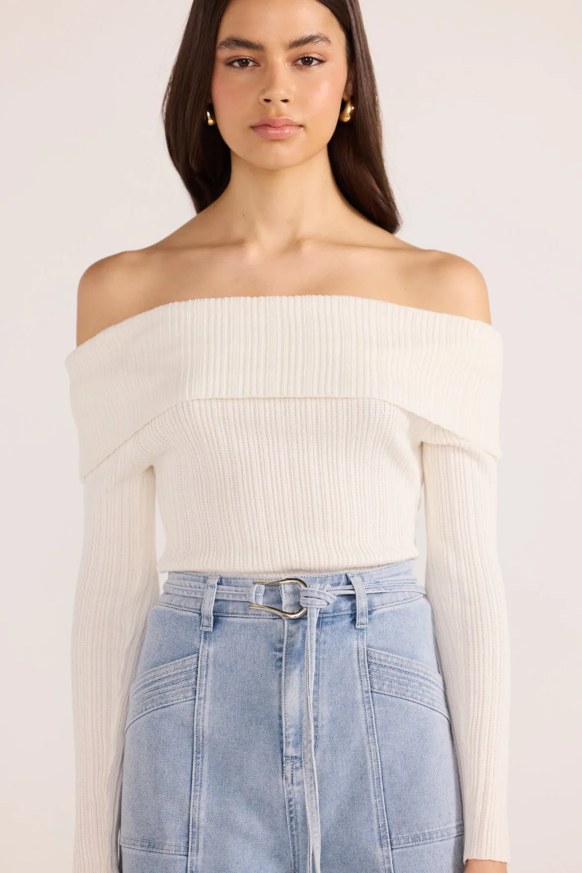 Minkpink Zoe Off Shoulder Knit Top Off White