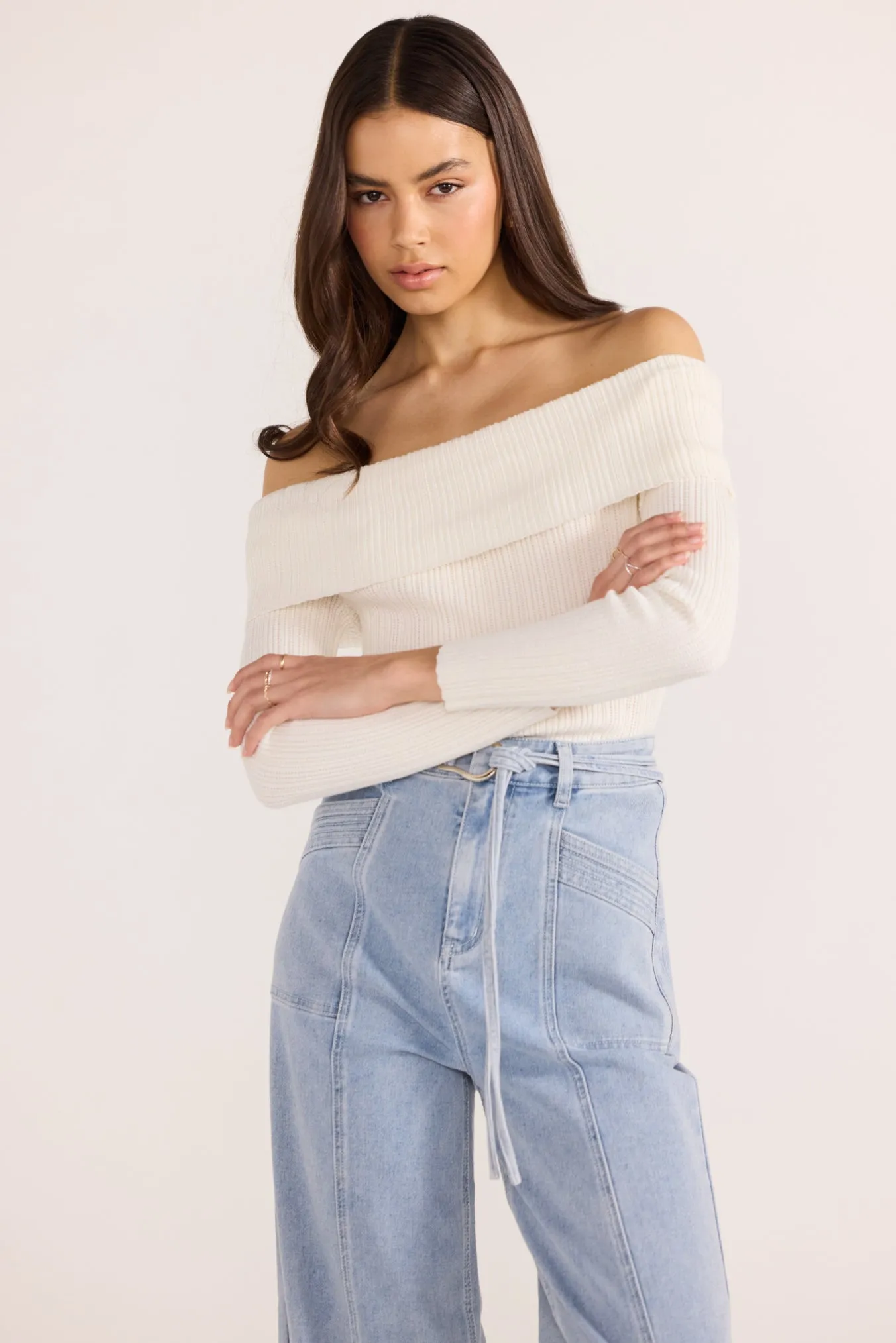 Minkpink Zoe Off Shoulder Knit Top Off White