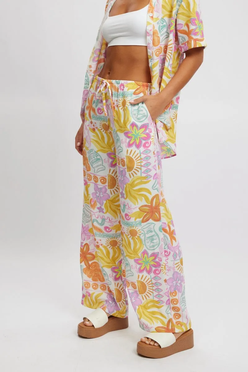 Multi Abstract Wide Leg Pants High Rise