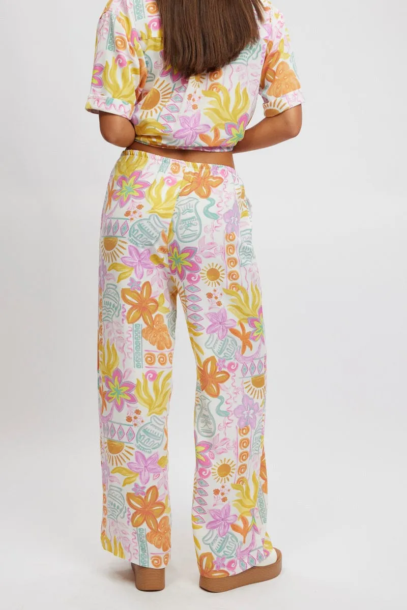 Multi Abstract Wide Leg Pants High Rise
