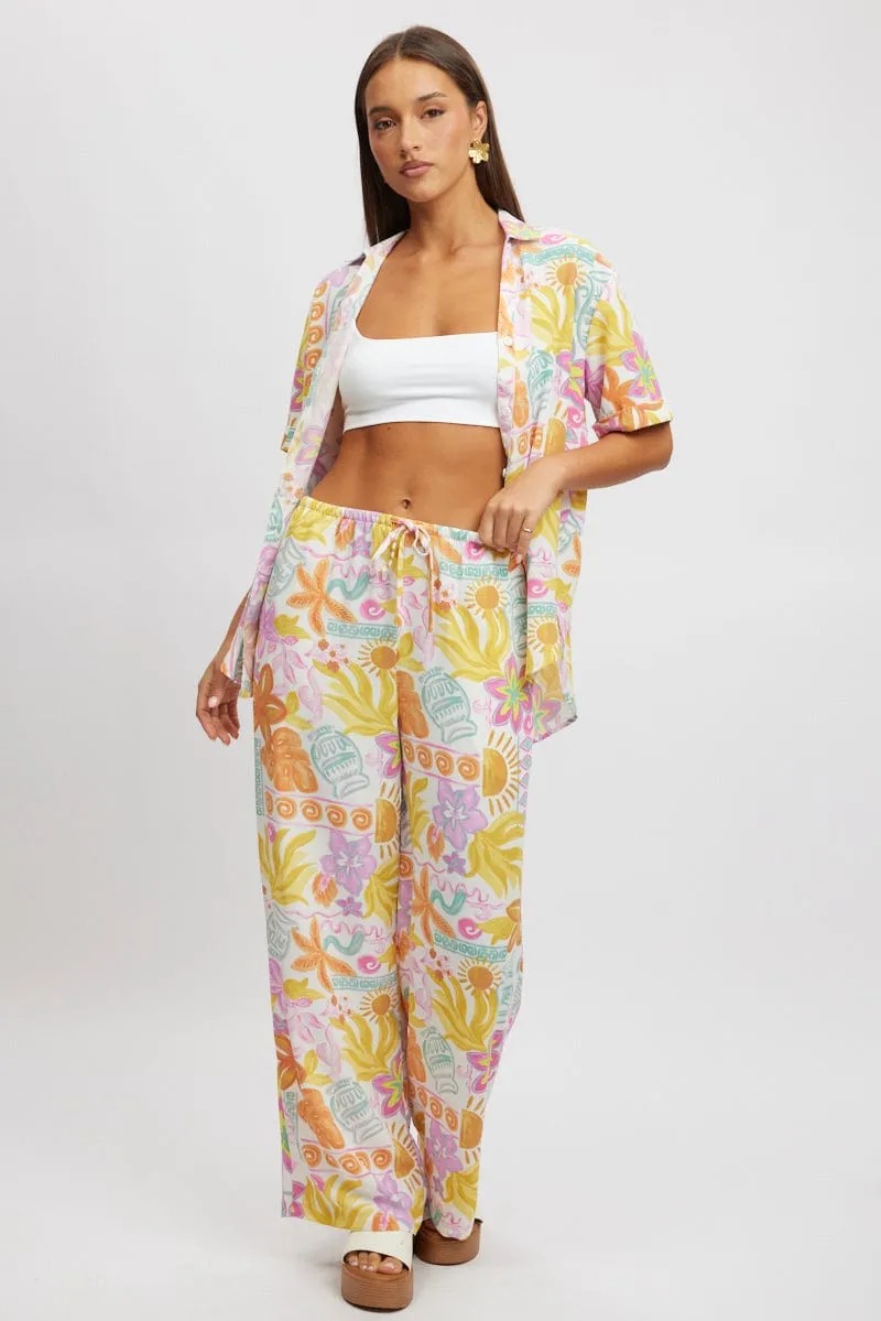 Multi Abstract Wide Leg Pants High Rise
