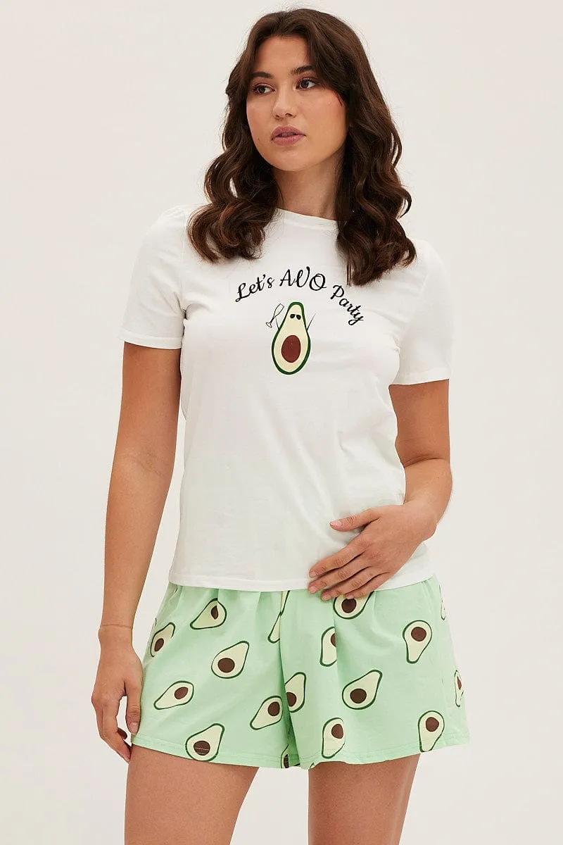 Multi Colour Short Sleeve Top & Shorts Pj Set Cotton