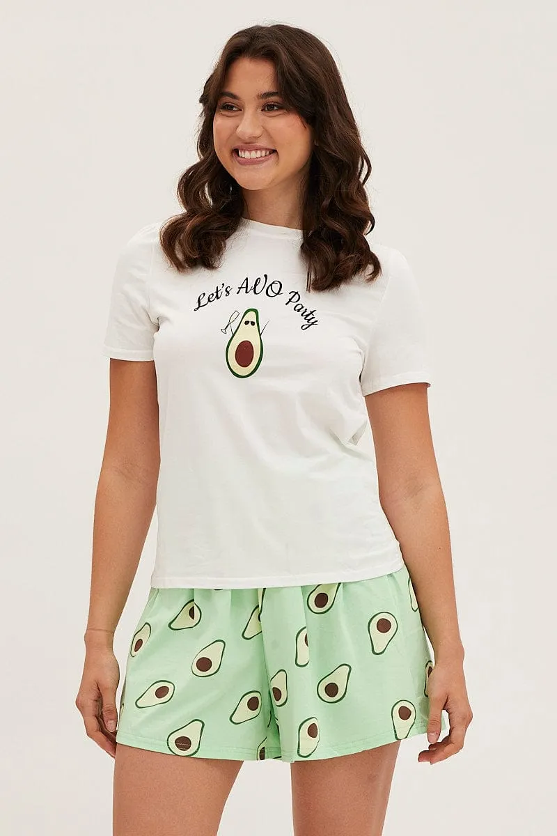 Multi Colour Short Sleeve Top & Shorts Pj Set Cotton