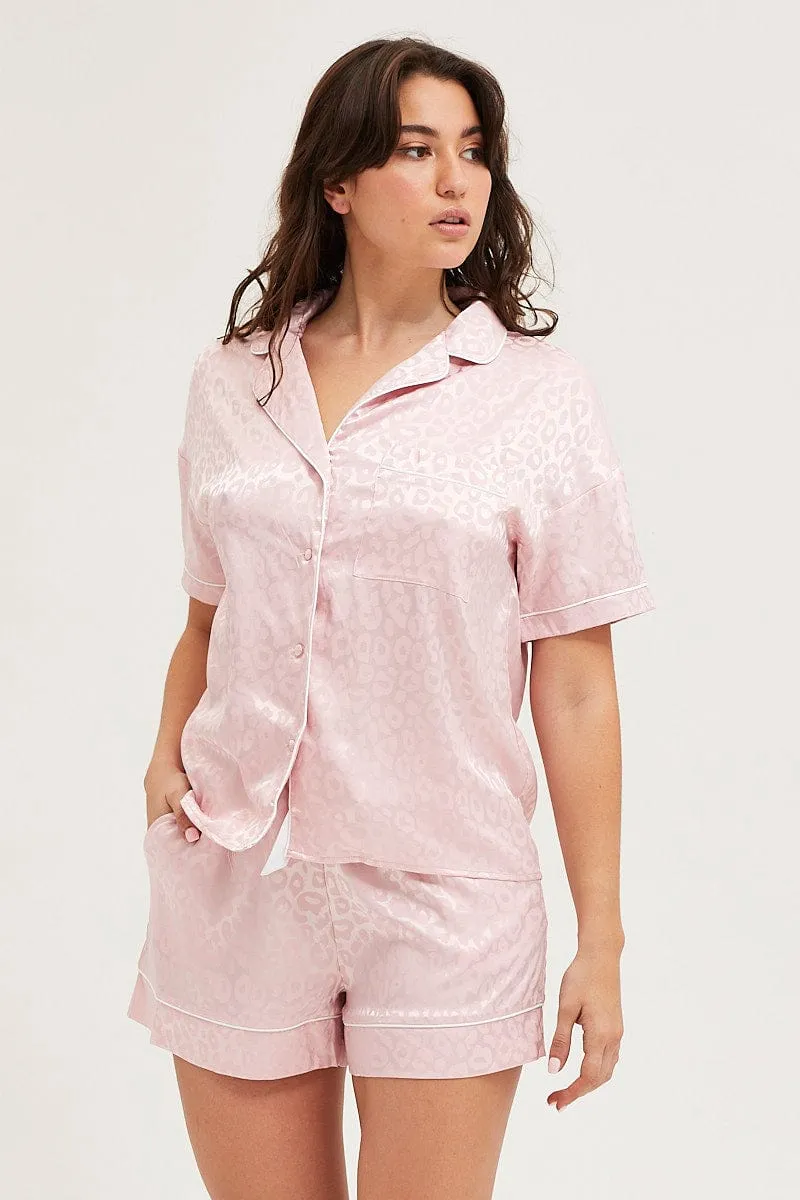 Pink Satin Pajamas Set Short Sleeve
