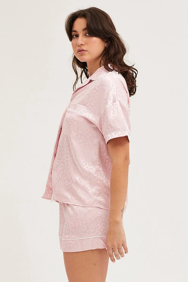 Pink Satin Pajamas Set Short Sleeve