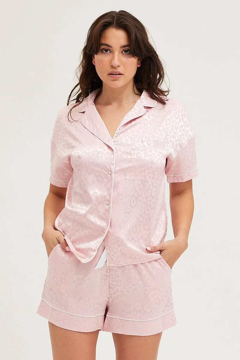 Pink Satin Pajamas Set Short Sleeve