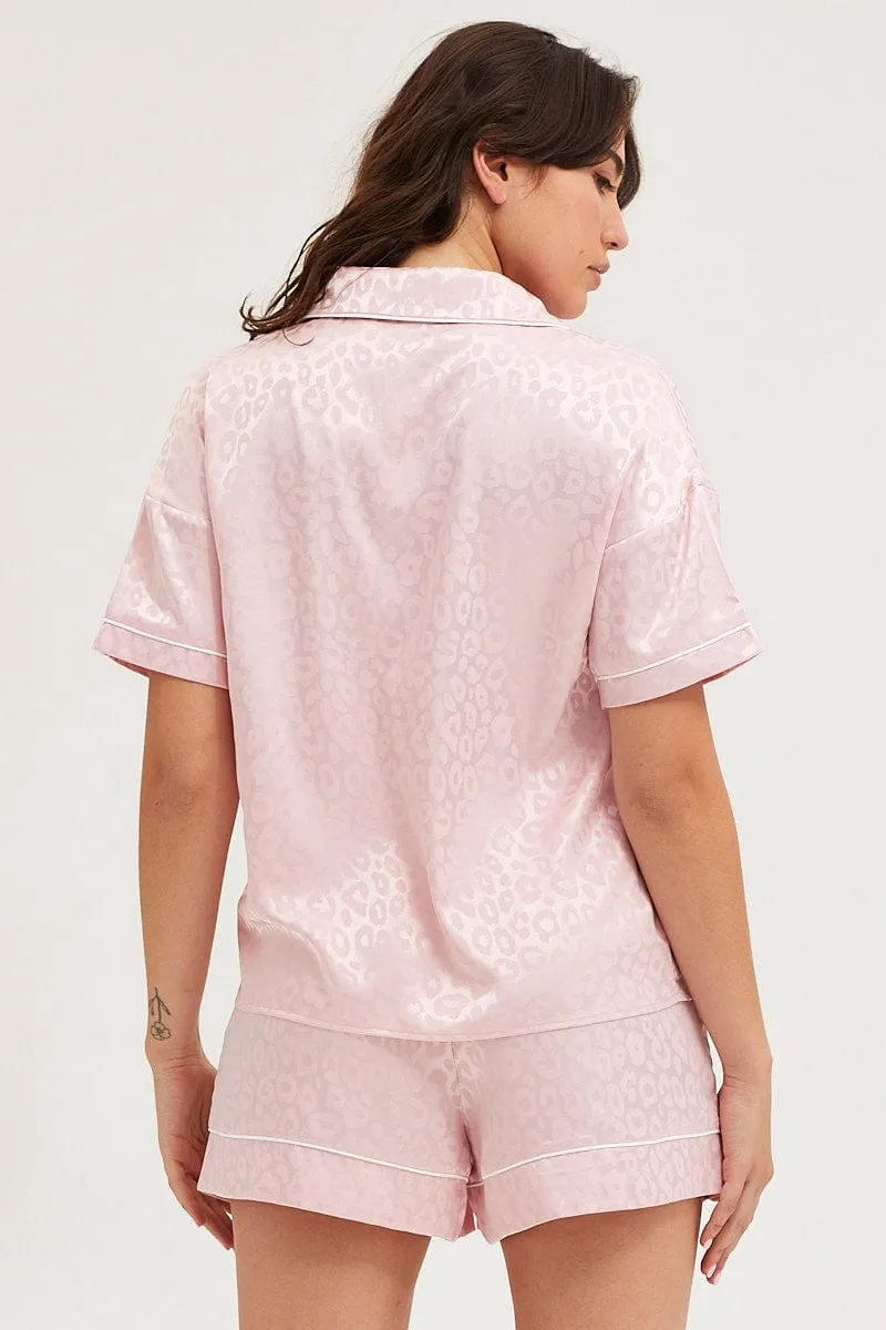 Pink Satin Pajamas Set Short Sleeve