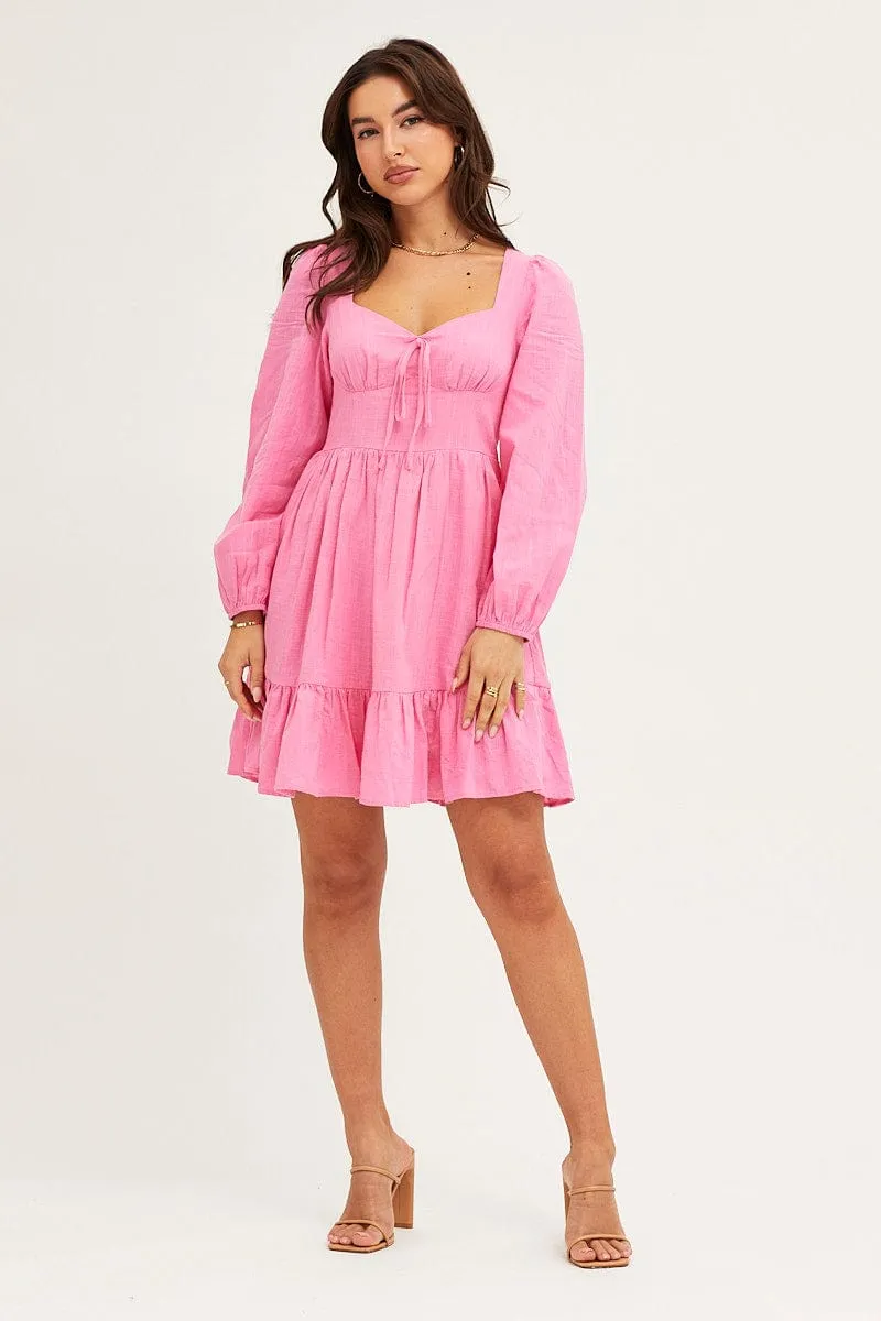 Pink Skater Dress Puff Sleeve Mini