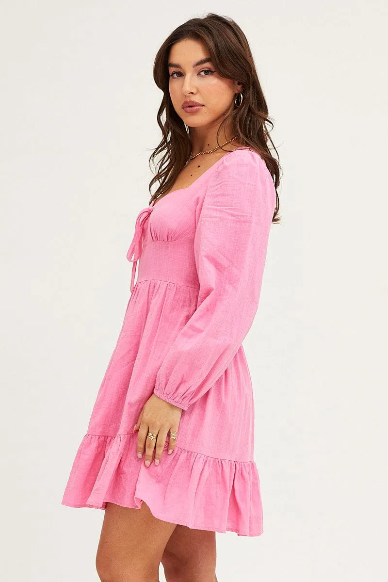 Pink Skater Dress Puff Sleeve Mini