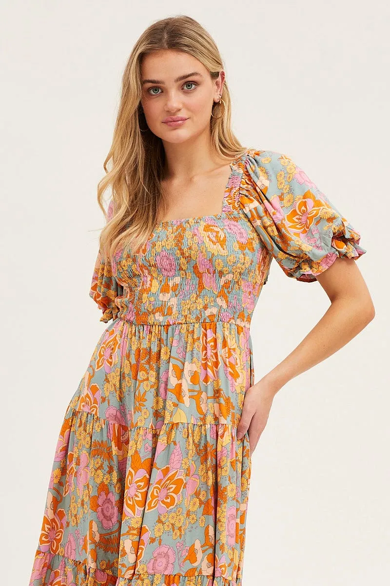 Print Dress Puff Sleeve Maxi