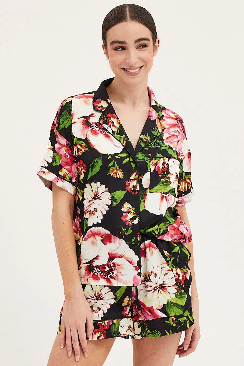 Print Satin Pajamas Set Short Sleeve