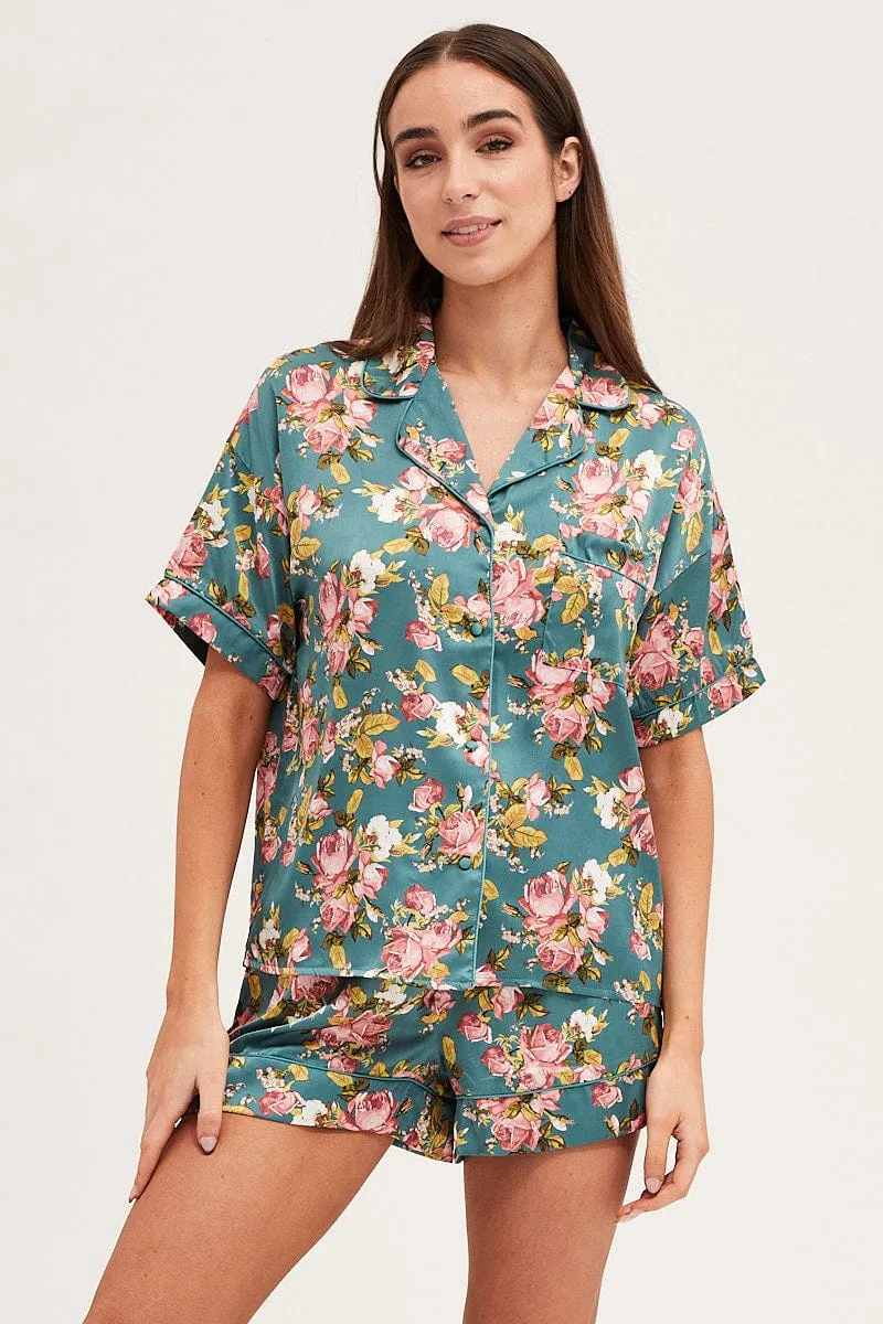 Print Satin Pajamas Set Short Sleeve