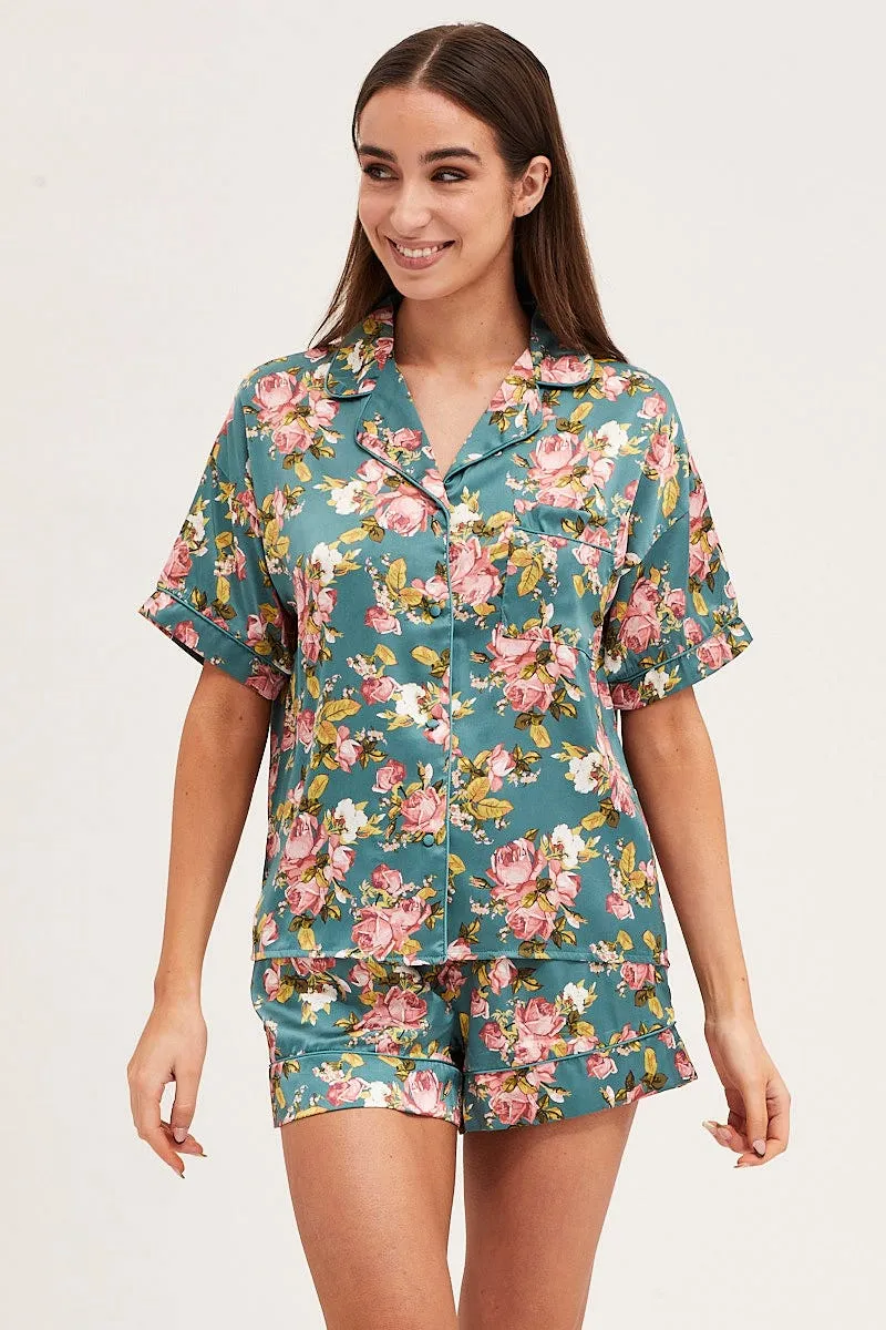 Print Satin Pajamas Set Short Sleeve