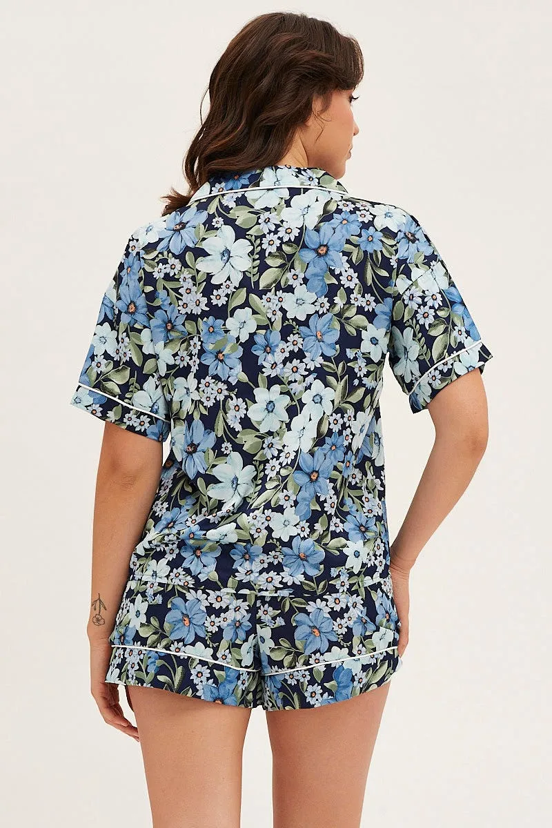 Print Satin Pajamas Set Short Sleeve