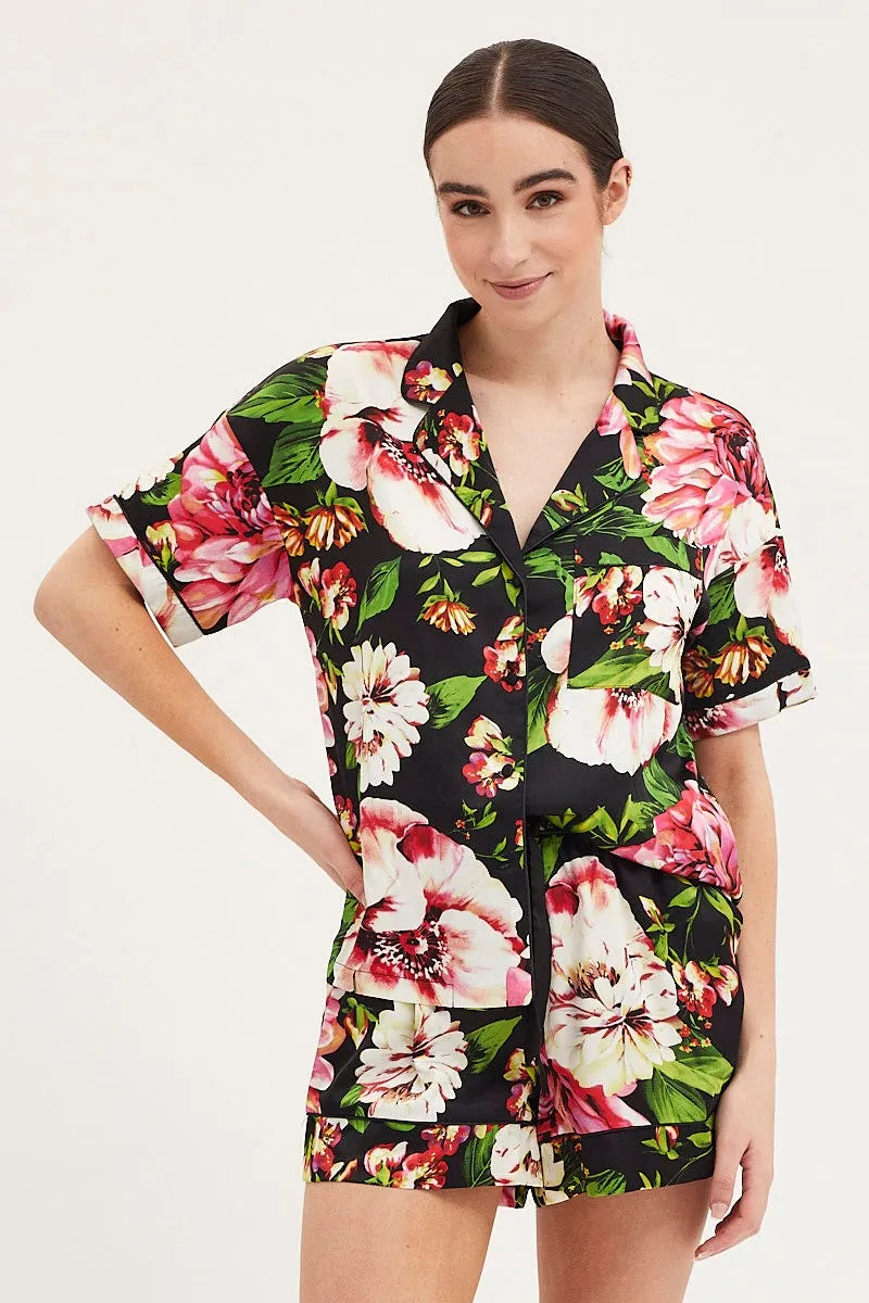 Print Satin Pajamas Set Short Sleeve