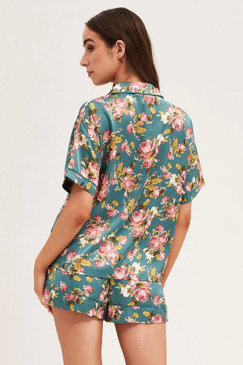 Print Satin Pajamas Set Short Sleeve